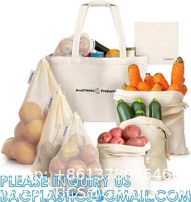 Custom Fruit and Vegetable Bag, Eco Friendly Reusable Grocery Tote Bags Organic Mesh Net Drawstring bags
