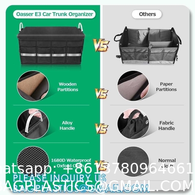 Trunk Cargo Organizer Durable Storage Collapsible Multi Compartments With Aluminium Alloy Handle Reflective Strip