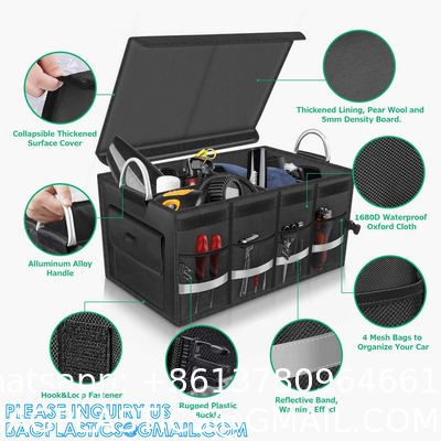 Trunk Cargo Organizer Durable Storage Collapsible Multi Compartments With Aluminium Alloy Handle Reflective Strip