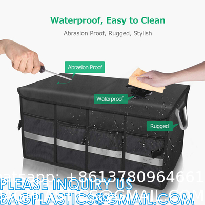 Trunk Cargo Organizer Durable Storage Collapsible Multi Compartments With Aluminium Alloy Handle Reflective Strip