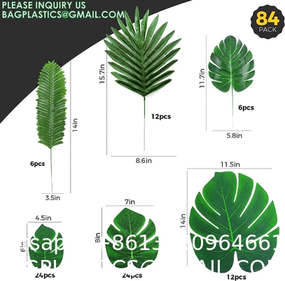 Palm Leaves Artificial Tropical Monstera-84Pcs 6 Kinds Large Small Green Fake Palm Leaf with Stems for Safari Jungle