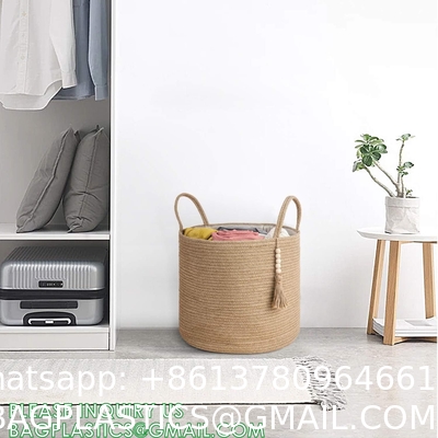 storage Basket Decorative Rope Basket Wooden Bead Decoration For Blankets,Toys,Clothes,Shoes,Plant Organizer Bin