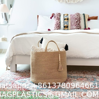 storage Basket Decorative Rope Basket Wooden Bead Decoration For Blankets,Toys,Clothes,Shoes,Plant Organizer Bin