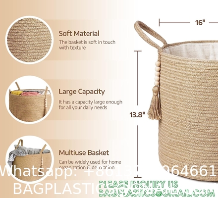 storage Basket Decorative Rope Basket Wooden Bead Decoration For Blankets,Toys,Clothes,Shoes,Plant Organizer Bin