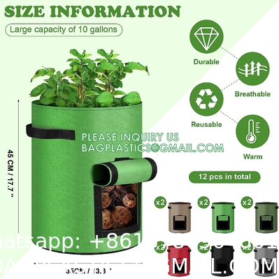 Potato Grow Bags, 4 Pack 10 Gallon With Flap And Handles Planter Pots For Onion, Fruits, Tomato, Carrot - Green