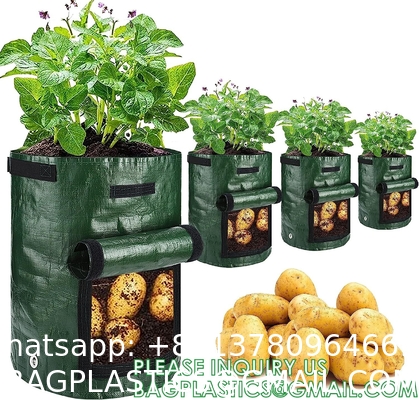 Potato Grow Bags, 4 Pack 10 Gallon With Flap And Handles Planter Pots For Onion, Fruits, Tomato, Carrot - Green