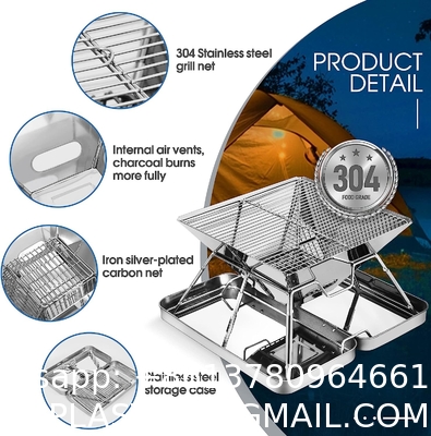 Picnic Outdoor Charcoal Barbecue Grill, Portable Charcoal Grill, Folding Stainless Steel Camping Fire Pit