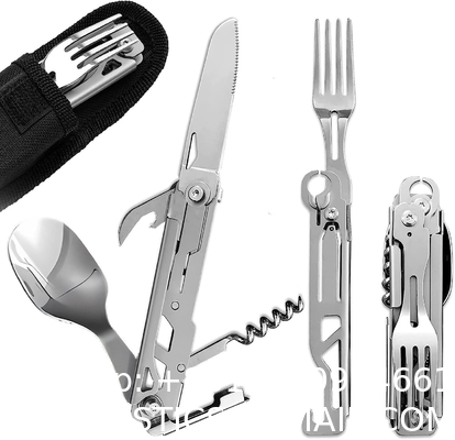 5-in-1 Camping Utensils, Multitool with Safety Locking, Detachable Stainless Steel Spoon, Fork, Knife, Bottle Bottle