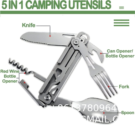 5-in-1 Camping Utensils, Multitool with Safety Locking, Detachable Stainless Steel Spoon, Fork, Knife, Bottle Bottle