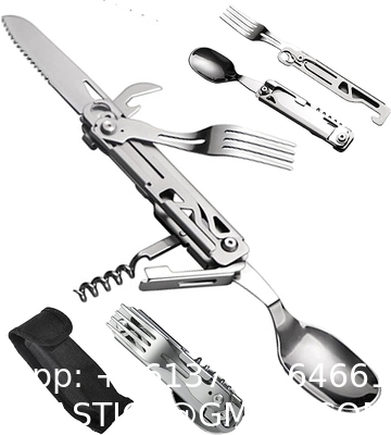 5-in-1 Camping Utensils, Multitool with Safety Locking, Detachable Stainless Steel Spoon, Fork, Knife, Bottle Bottle