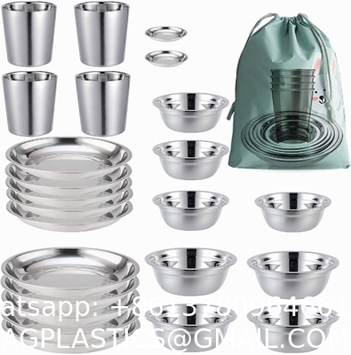 Stainless Steel Camping Plates Cups And Bowls Set. Camping Dish Set, Camping Mess Kits, Dinnerware Set