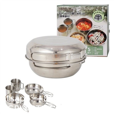 Stainless Steel Camping Outdoor Cookware Mess Kit Set, Folding Cookset Camping Teapot and Pans Set Equipment