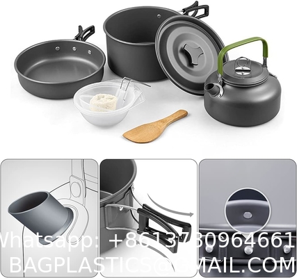 Stainless Steel Camping Outdoor Cookware Mess Kit Set, Folding Cookset Camping Teapot and Pans Set Equipment