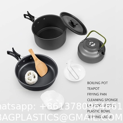Stainless Steel Camping Outdoor Cookware Mess Kit Set, Folding Cookset Camping Teapot and Pans Set Equipment