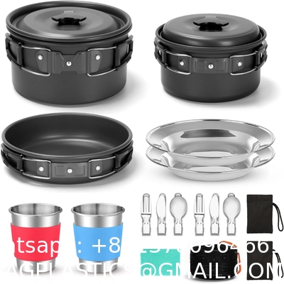 Stainless Steel Camping Outdoor Cookware Mess Kit Set, Folding Cookset Camping Teapot and Pans Set Equipment