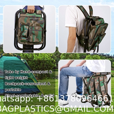 Folding Stool Backpack Insulated Cooler Bag, Collapsible Camping Hunting Fishing Multifunction Chair Front Pocket