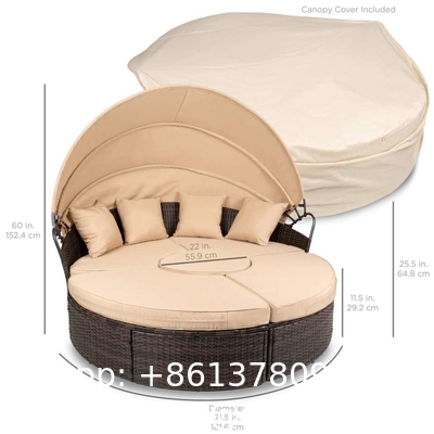 Modern Hotel Outdoor Furniture Patio Rattan Round Flip Top Daybed With Canopy Cushion For Backyard Porch