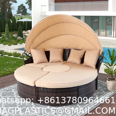 Modern Hotel Outdoor Furniture Patio Rattan Round Flip Top Daybed With Canopy Cushion For Backyard Porch