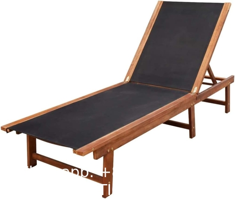 Outdoor Patio Adjustable Wood Chaise Lounge Recliner | Textilene Lounge Chair | Reclining Lawn Chair for Lawn