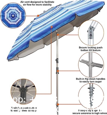 Portable Beach Umbrella With Sand Anchor, Tilt Pole, Carry Bag, Air Vent, Heavy Duty Wind Portable