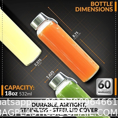 Clear Glass Water Bottles, Reusable Glass Juicing Bottles Protection Sleeve and Stainless Steel Leak Proof Lids