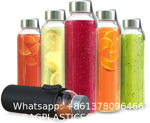 Clear Glass Water Bottles, Reusable Glass Juicing Bottles Protection Sleeve and Stainless Steel Leak Proof Lids