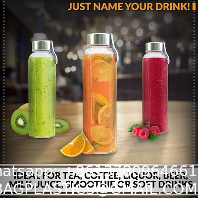 Clear Glass Water Bottles, Reusable Glass Juicing Bottles Protection Sleeve and Stainless Steel Leak Proof Lids