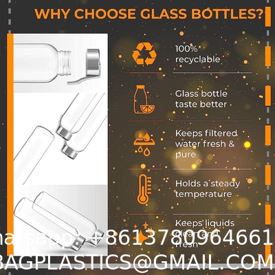 Clear Glass Water Bottles, Reusable Glass Juicing Bottles Protection Sleeve and Stainless Steel Leak Proof Lids
