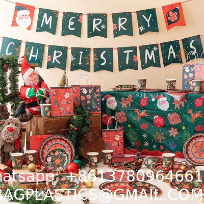 Christmas Tablecloth Plastic Jumbo Disposable Table Cover with Colorful Design Santa Claus Snowflakes