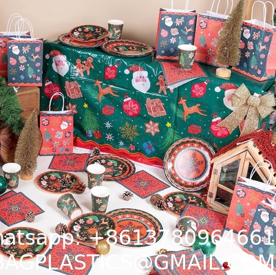 Christmas Tablecloth Plastic Jumbo Disposable Table Cover with Colorful Design Santa Claus Snowflakes