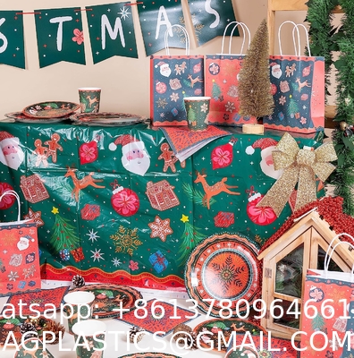 Christmas Tablecloth Plastic Jumbo Disposable Table Cover with Colorful Design Santa Claus Snowflakes