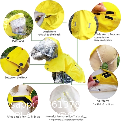 Dog Waterproof Raincoat with Poncho Hoodie, High Reflective Adjustable Yellow Pet Rain Jacket with Leash Hole