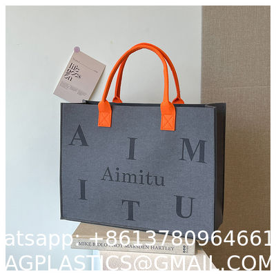 Portable Promotion Custom Printed Logo Felt Tote Bag Handbags Wool Felt Grocery Shopping Tote Bag Wholesale Fashion Women Daily Felt Gift Tote Bag With Outer Pocket