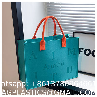 Portable Promotion Custom Printed Logo Felt Tote Bag Handbags Wool Felt Grocery Shopping Tote Bag Wholesale Fashion Women Daily Felt Gift Tote Bag With Outer Pocket