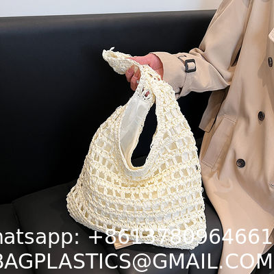 Bolsas Personalizadas Logo Bolsos De Paja Tejida Custom Raffia Clutch Woven Crochet Shoulder Women Handbags Beach Straw Bag Mesh Beach Bag Crochet Tote Bag Straw Crochet Purses for Women Raffia Tote