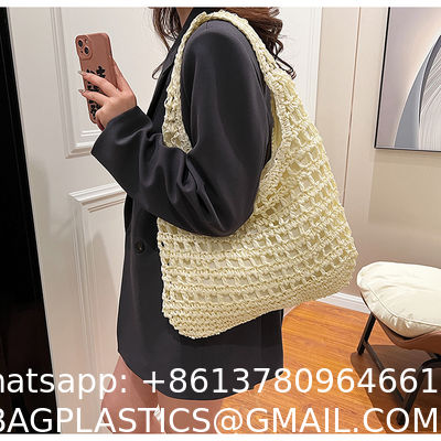 Bolsas Personalizadas Logo Bolsos De Paja Tejida Custom Raffia Clutch Woven Crochet Shoulder Women Handbags Beach Straw Bag Mesh Beach Bag Crochet Tote Bag Straw Crochet Purses for Women Raffia Tote