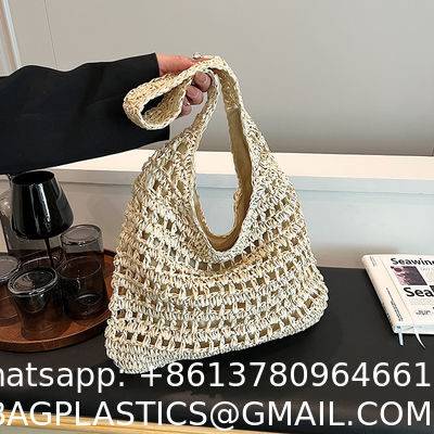 Bolsas Personalizadas Logo Bolsos De Paja Tejida Custom Raffia Clutch Woven Crochet Shoulder Women Handbags Beach Straw Bag Mesh Beach Bag Crochet Tote Bag Straw Crochet Purses for Women Raffia Tote