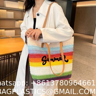 Summer Luxury Crochet Straw Raffia Tote Bag For Women Casual Handbag Embroidery Portable Open For Beach Holidays Casual Outings