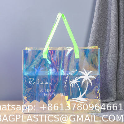 Wholesale Fashion Waterproof Clear Pvc Plastic Iridescent Clear Shoulder Beach Bag Holographic Laser Pvc Tote Shopping Bags