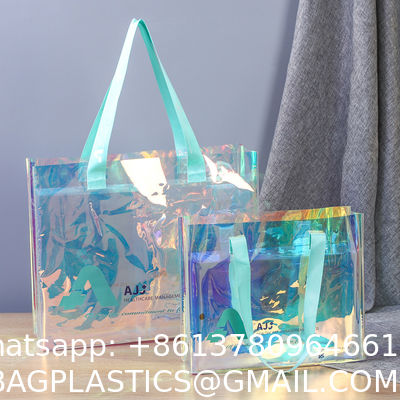 Wholesale Fashion Waterproof Clear Pvc Plastic Iridescent Clear Shoulder Beach Bag Holographic Laser Pvc Tote Shopping Bags