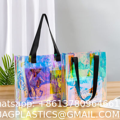 Shiny Plastic Shopping PVC Bag Laser Transparent Holographic Iridescent Womens Beach Fashion Tote Bag With Custom Printed Logo