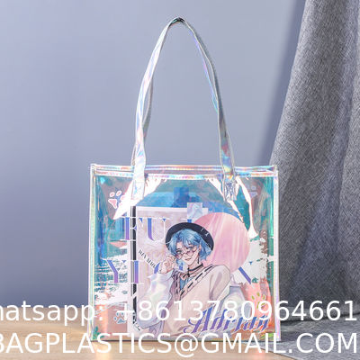 Shiny Plastic Shopping PVC Bag Laser Transparent Holographic Iridescent Womens Beach Fashion Tote Bag With Custom Printed Logo