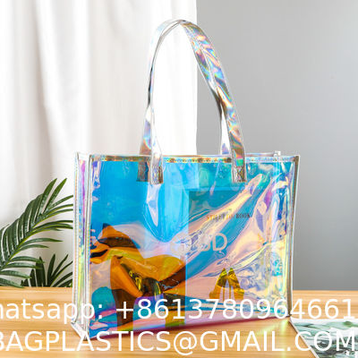 Shiny Plastic Shopping PVC Bag Laser Transparent Holographic Iridescent Womens Beach Fashion Tote Bag With Custom Printed Logo