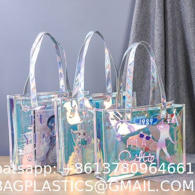 Shiny Plastic Shopping PVC Bag Laser Transparent Holographic Iridescent Womens Beach Fashion Tote Bag With Custom Printed Logo