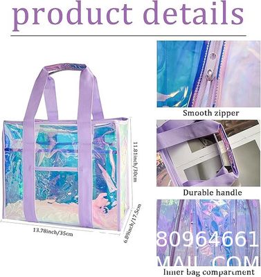 Holographic Iridescent Tote Bag Clear Travel Beach Bag Iridescent Shoulder Bag with Phone Pouch Waterproof Travel Tote for Women Work, Travel, Gym, Beach and Pool