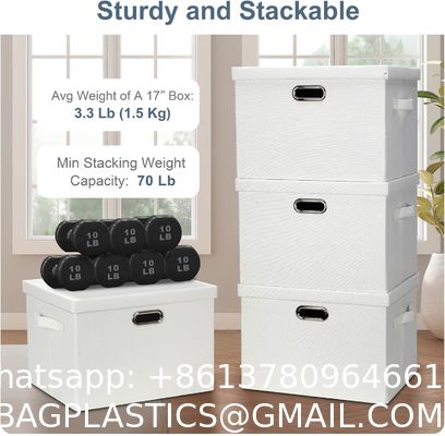 Linen Fabric, Metal Handles Collapsible Stackable Storage Bins With Lids, Packs White Linen Fabric Closet Boxes With Lids, Storage Cube Baskets Container Organizers For Bedroom Office