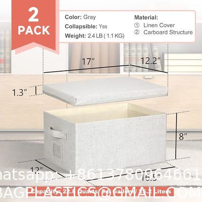Linen Fabric, Metal Handles Collapsible Stackable Storage Bins With Lids, Packs White Linen Fabric Closet Boxes With Lids, Storage Cube Baskets Container Organizers For Bedroom Office