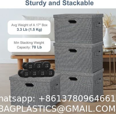 DURABLE DOUBLE-SIDED HANDLES Linen Foldable Storage Bins With Lids, 2 Pack, Storage Boxes With Carrying Handles And Sturdy Heavy Cardboard