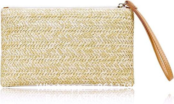 Womens Straw Clutch Bag Bohemian Summer Beach Straw Purse Zipper Wristlet Wallets For Women Clutch Makeup Bag with Zipper Durable Logo Pattern Flat Bag for Outdoor Activities