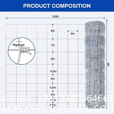 14 Gauge 4ft × 328ft Cattle Fence Panels, Farm Fence Grassland Fencing, For Yard Garden And Animal Protection Galvanized Fixed Knot Farm Fencing Wire for Deer Cattle Sheep Safety Use